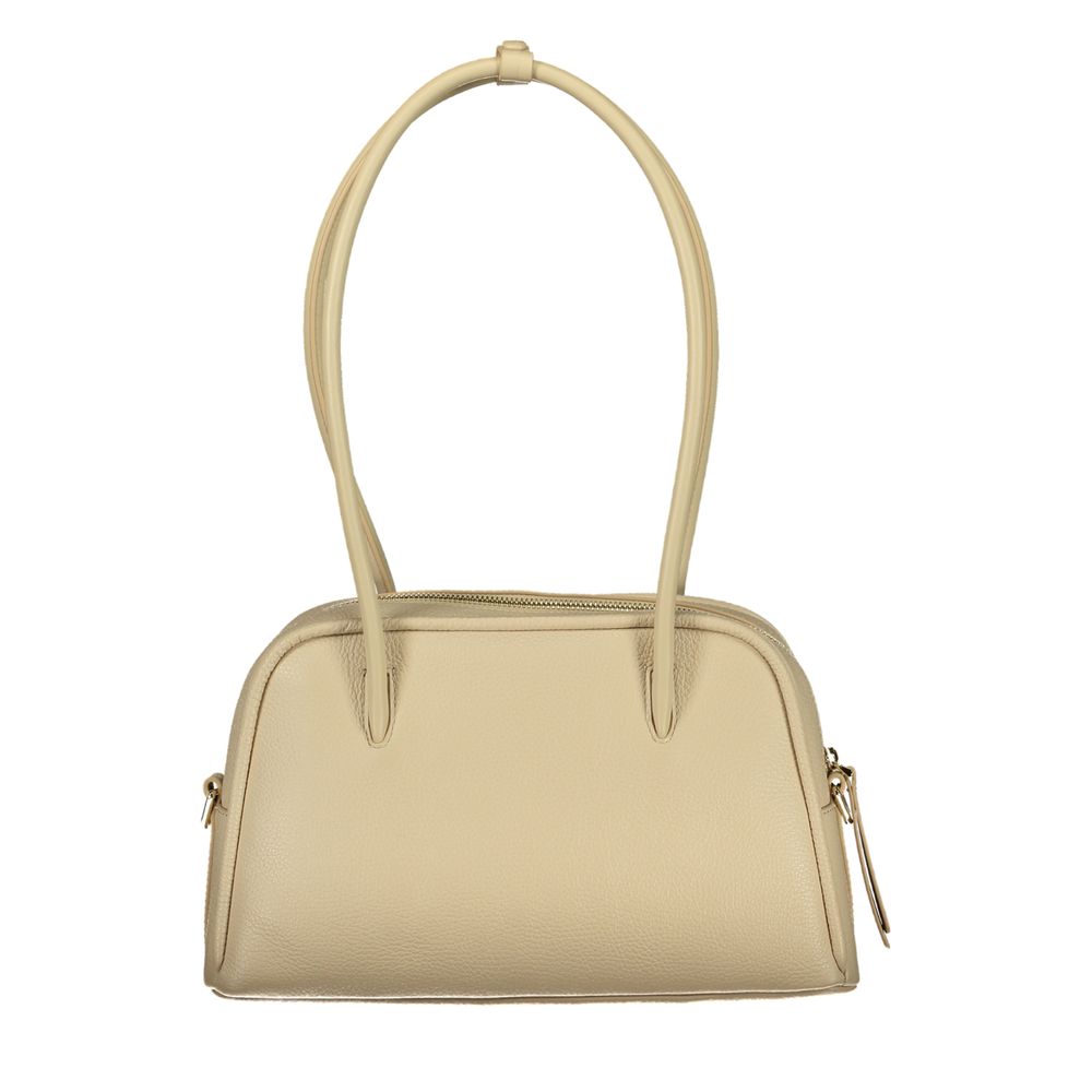 Beige leather Coccinelle women’s handbag with silver hardware and adjustable strap, stylish and spacious for everyday use.