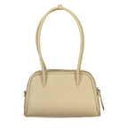 Beige leather Coccinelle women’s handbag with silver hardware and adjustable strap, stylish and spacious for everyday use.
