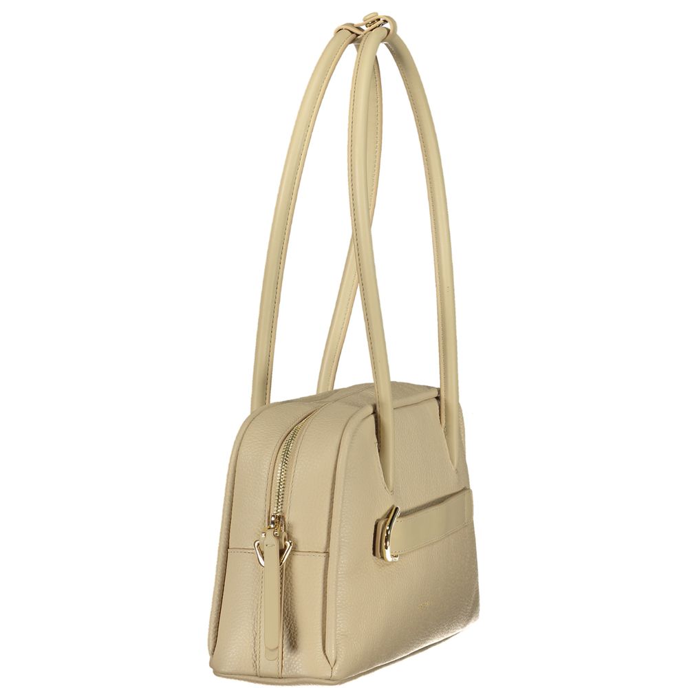 Coccinelle beige leather women's handbag with gold-tone hardware and adjustable shoulder strap, stylish and spacious accessory.