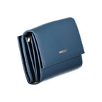 Blue leather women's wallet by Coccinelle featuring a sleek design and subtle branding, with visible card slots and a compact shape.