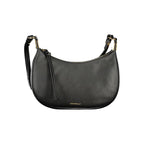 Black leather Coccinelle women’s handbag with sleek design and silver hardware, featuring top handles and a structured silhouette.