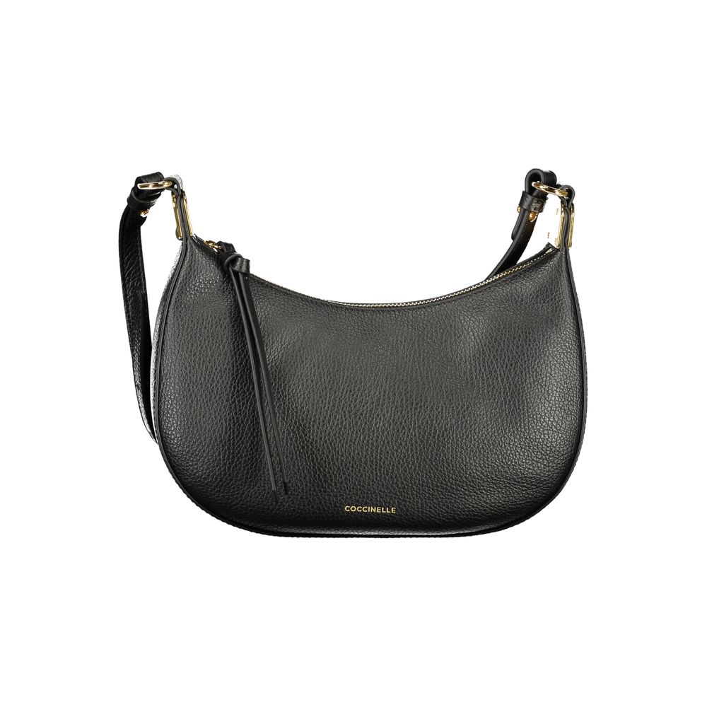 Black leather Coccinelle women’s handbag with sleek design and silver hardware, featuring top handles and a structured silhouette.