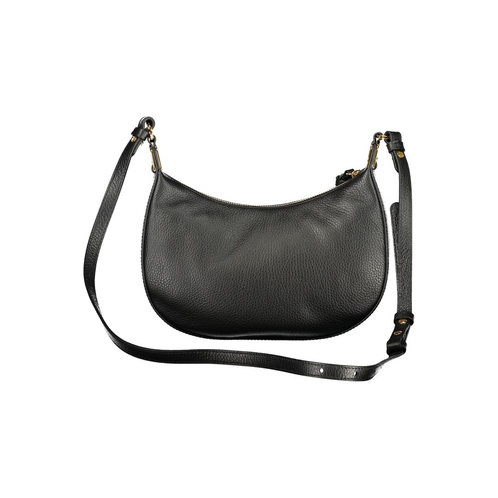 Black leather Coccinelle women's handbag with sleek design and subtle branding, featuring top handles and a spacious interior.
