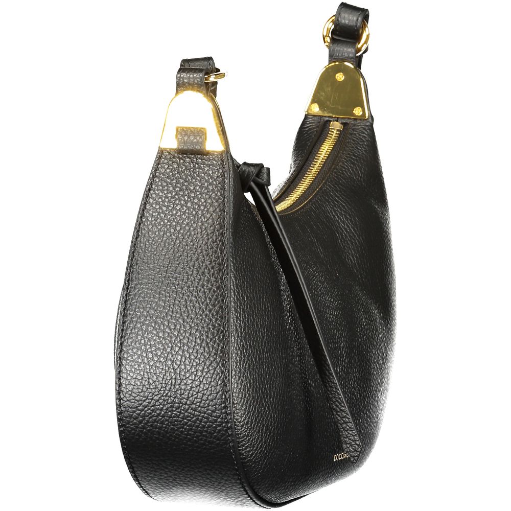 Black Coccinelle leather women's handbag with sleek design and top handle, featuring subtle branding and elegant stitching details.