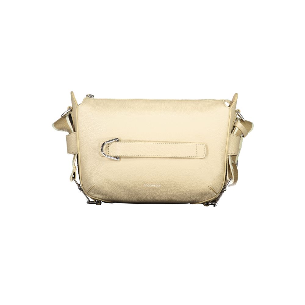 Beige leather Coccinelle women’s handbag with top handles and subtle stitching, showcasing elegant and stylish accessory details.