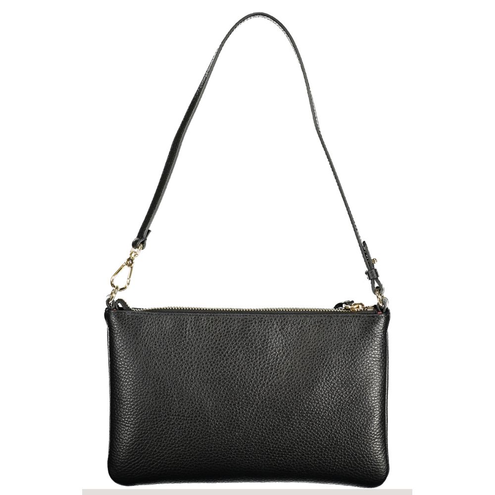 Black leather women’s handbag by Coccinelle featuring a sleek design and top handle, perfect for stylish everyday use.