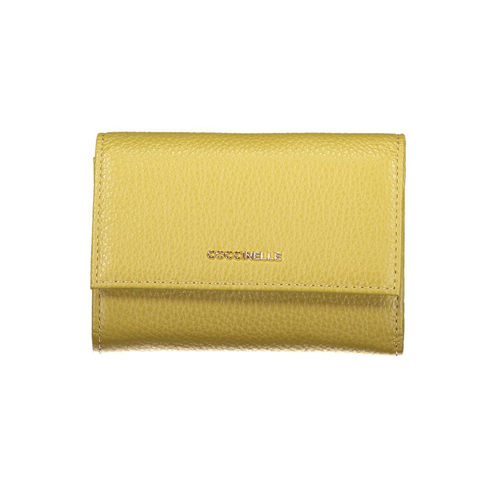 Coccinelle Verde Pelle women's wallet with green leather exterior and multiple card slots, displayed open.