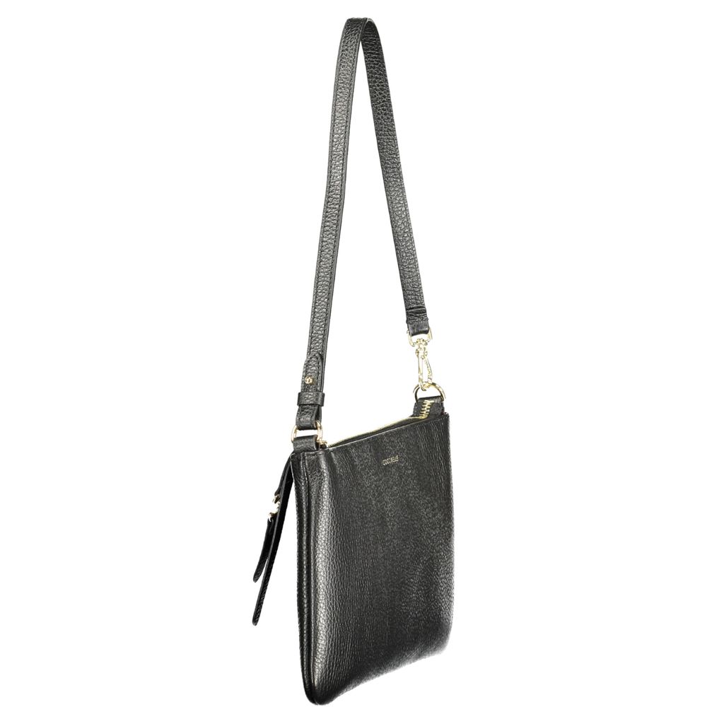 Black leather Coccinelle women's handbag with sleek design and silver hardware, featuring top handles and a spacious interior.
