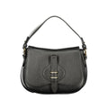 Black leather Coccinelle women's handbag with sleek design and top handle, featuring subtle brand accents and elegant stitching.