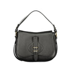 Black leather Coccinelle women's handbag with sleek design and top handle, featuring subtle brand accents and elegant stitching.