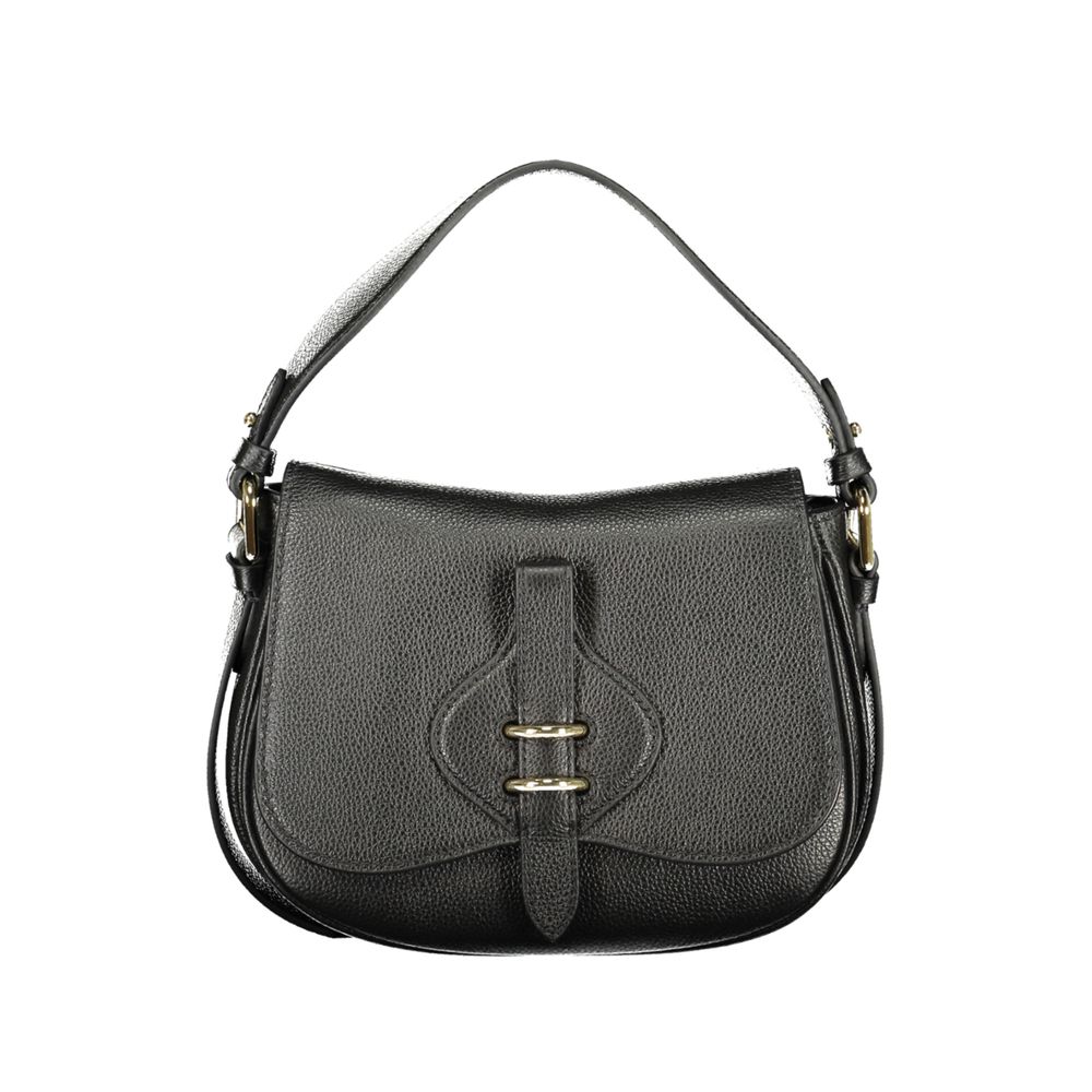 Black leather Coccinelle women's handbag with sleek design and top handle, featuring subtle brand accents and elegant stitching.