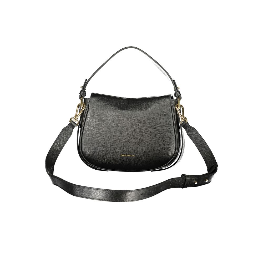 Black leather Coccinelle women's handbag with sleek design and top handle, featuring subtle branding and elegant craftsmanship.