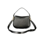 Black leather Coccinelle women's handbag with sleek design and top handle, featuring subtle branding and elegant craftsmanship.