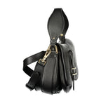 Black leather women's handbag by Coccinelle with silver hardware and sleek design, showing the front view of the stylish accessory.
