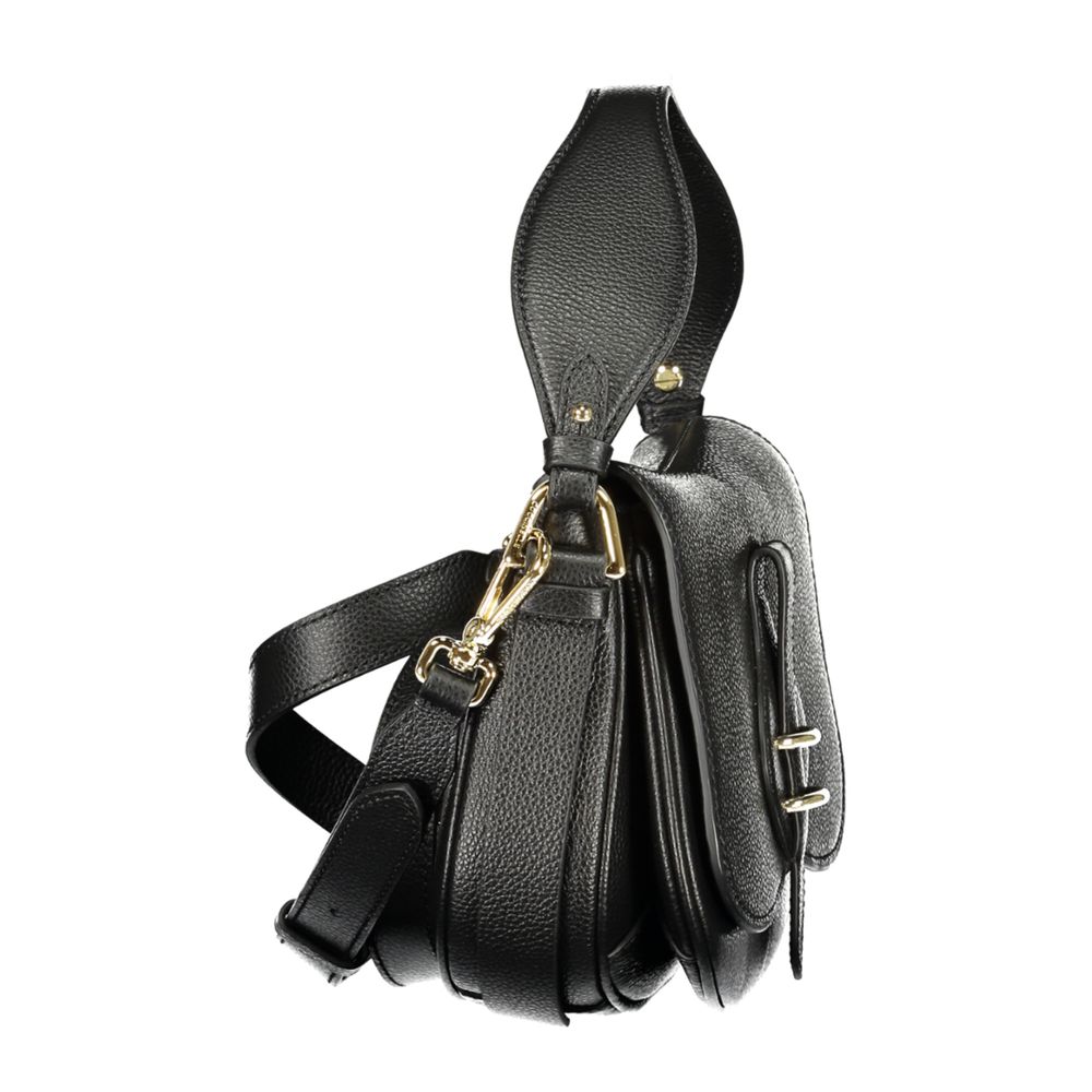 Black leather women's handbag by Coccinelle with silver hardware and sleek design, showing the front view of the stylish accessory.