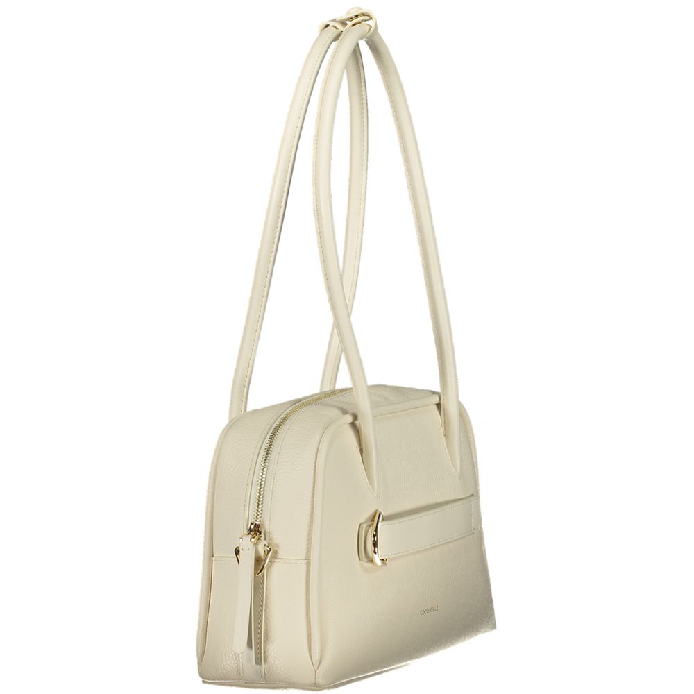 Coccinelle Bianco Pelle women’s handbag in white leather with silver hardware, stylish and elegant accessory for everyday use.