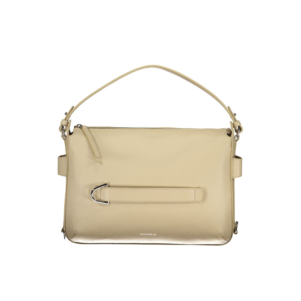 Beige leather women's handbag by Coccinelle featuring a sleek design and top handle, showcasing elegant craftsmanship.