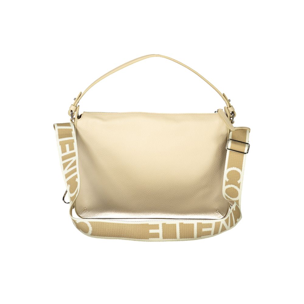 Coccinelle beige leather women's handbag with sleek design and gold-tone hardware, featuring a structured shape and top handle.