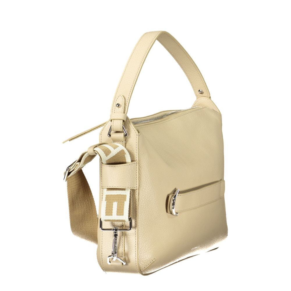 Beige leather women's handbag by Coccinelle with sleek design and gold-tone hardware, featuring top handles and a structured shape.