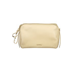 Beige leather Coccinelle women's handbag with gold-tone hardware and structured design, featuring top handles and a sleek finish.