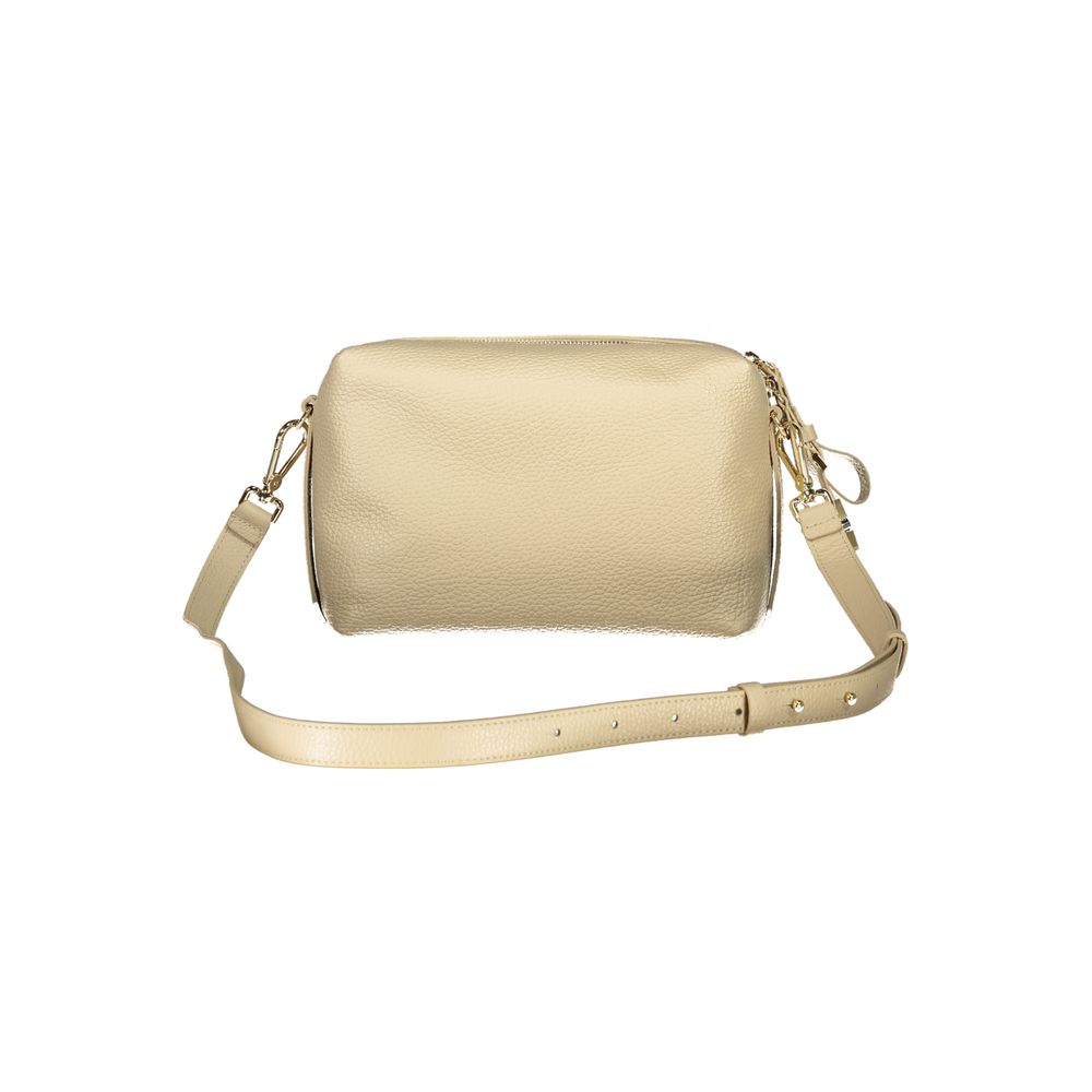 Beige leather Coccinelle women's handbag with sleek design and top handle, featuring subtle stitching and gold-tone hardware.