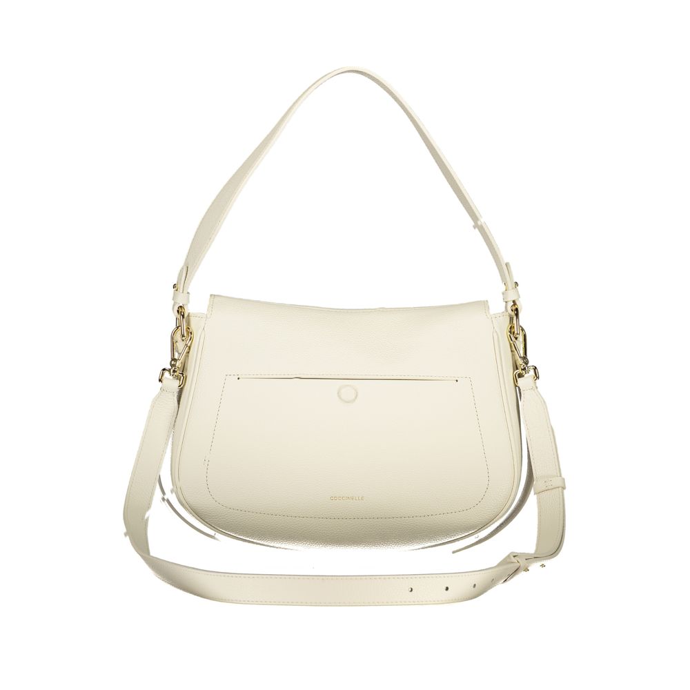 Coccinelle Bianco leather women's handbag with silver hardware and top handle, featuring a sleek, elegant design.