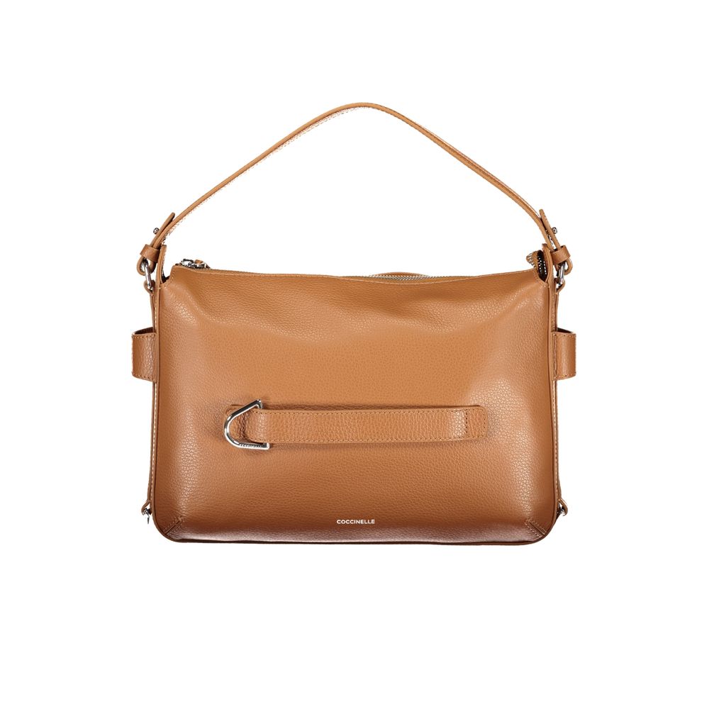 Coccinelle brown leather women's handbag with gold hardware and adjustable shoulder strap, stylish and spacious for everyday use.