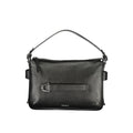 Black leather Coccinelle woman’s bag with sleek design and silver hardware, featuring a spacious interior and stylish appearance.