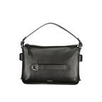 Black leather Coccinelle woman’s bag with sleek design and silver hardware, featuring a spacious interior and stylish appearance.