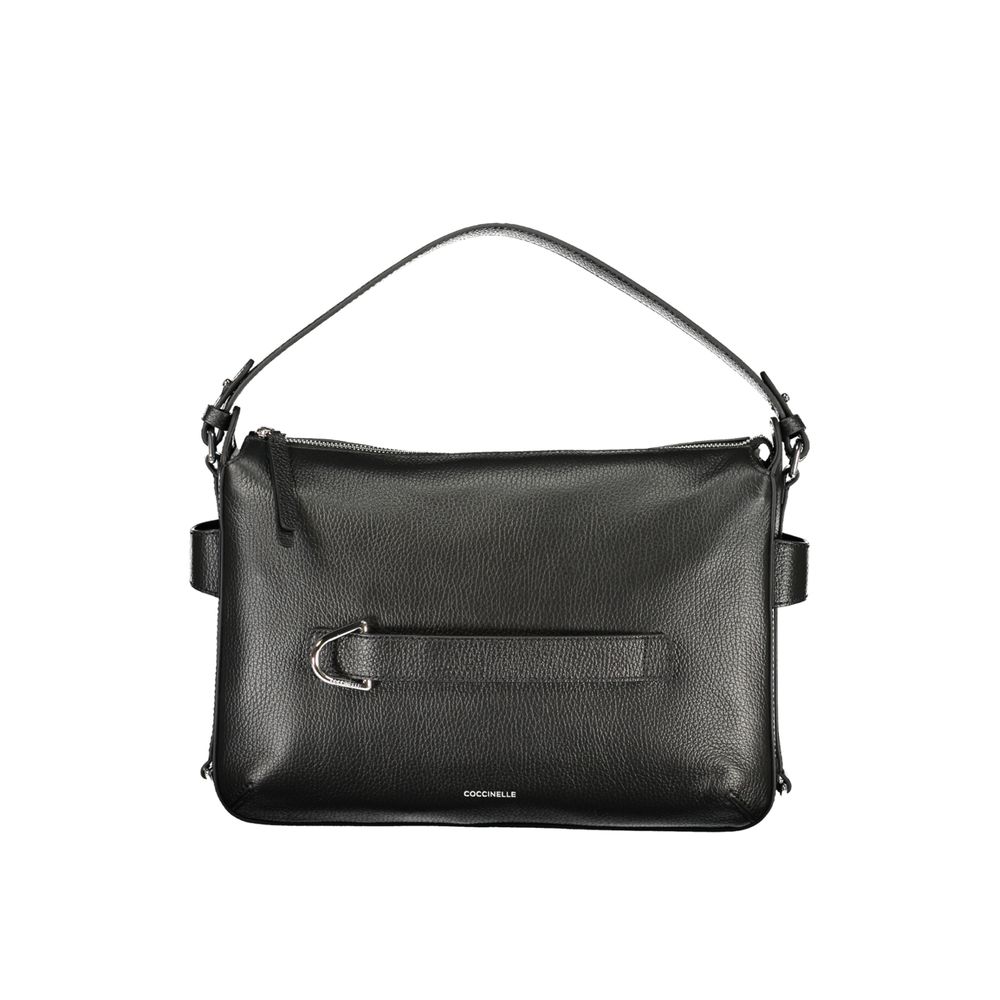 Black leather Coccinelle woman’s bag with sleek design and silver hardware, featuring a spacious interior and stylish appearance.