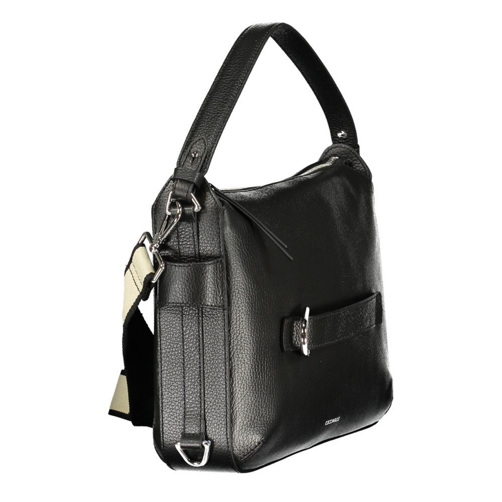 Black leather Coccinelle woman's bag with sleek design and silver hardware, featuring a structured shape and top handle.
