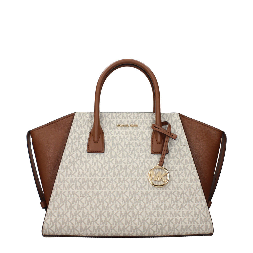 Michael Kors beige fabric handbag with structured design and gold-tone hardware, showcasing a stylish and versatile accessory.