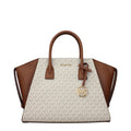 Michael Kors beige fabric handbag with structured design and gold-tone hardware, showcasing a stylish and versatile accessory.