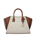 Michael Kors beige fabric handbag with structured design and gold-tone hardware, showcasing a stylish and versatile accessory.