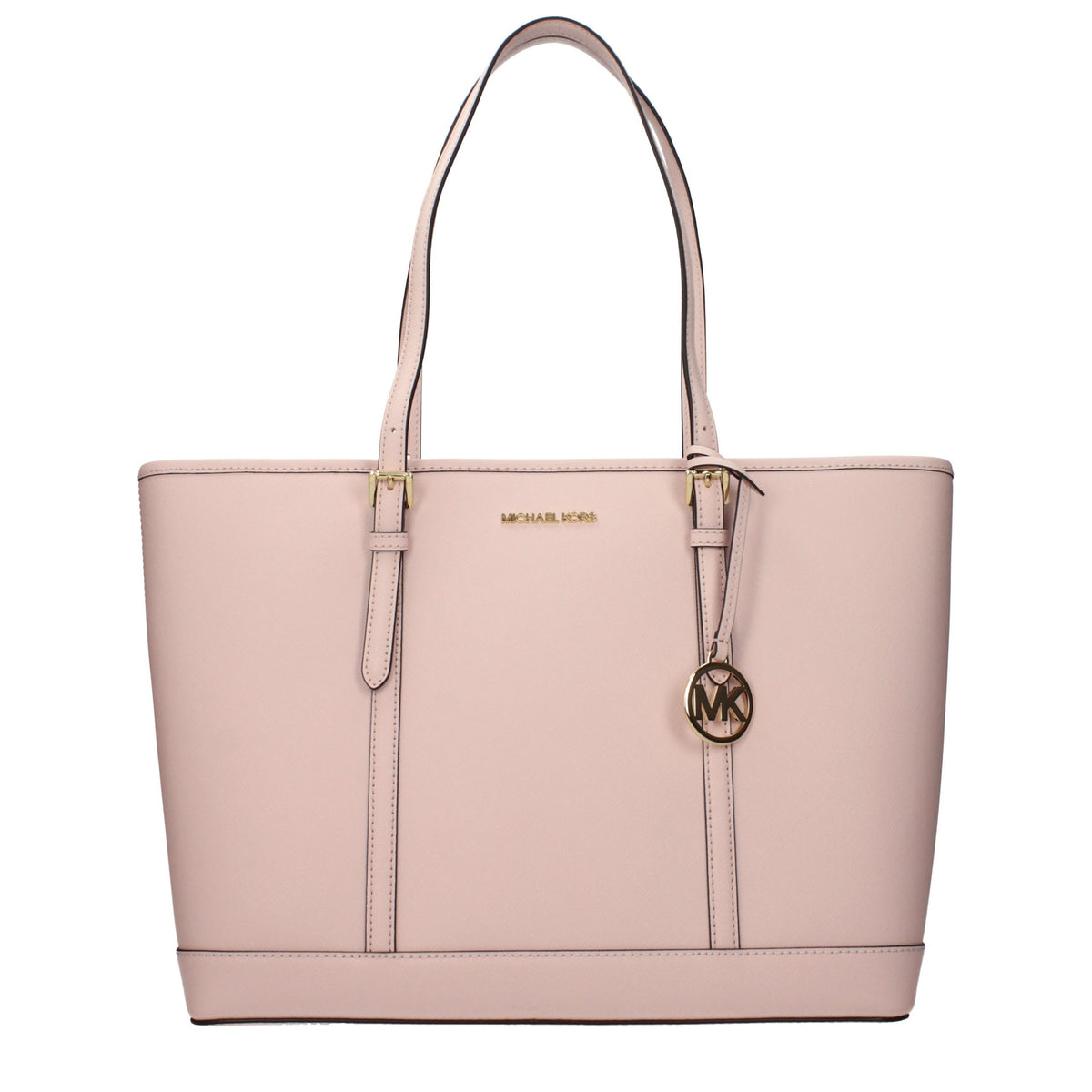 Pink leather shoulder bag by Michael Kors with gold-tone hardware and adjustable strap, stylish accessory for everyday wear.
