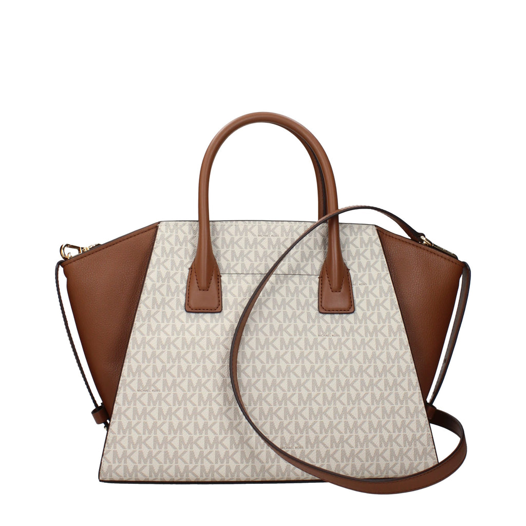 Michael Kors beige fabric handbag with structured design and top handles, stylish accessory for everyday or casual occasions.