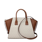 Michael Kors beige fabric handbag with structured design and top handles, stylish accessory for everyday or casual occasions.