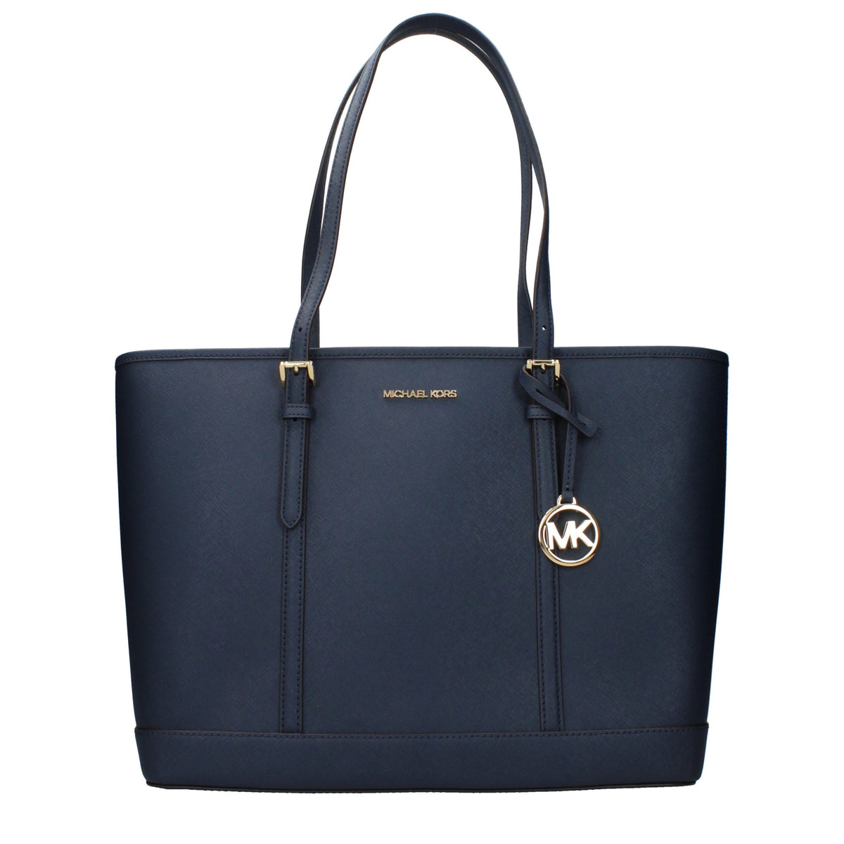 Blue leather shoulder bag by Michael Kors with gold-tone hardware and adjustable strap, stylish accessory for everyday wear.