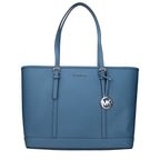 Michael Kors blue leather shoulder bag with gold-tone hardware, showcasing a sleek design and adjustable strap.