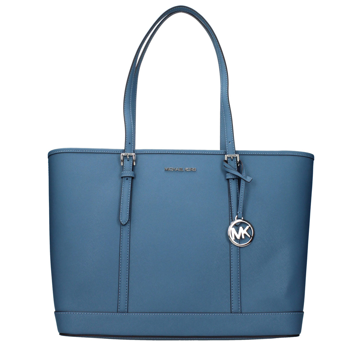 Michael Kors blue leather shoulder bag with gold-tone hardware, showcasing a sleek design and adjustable strap.