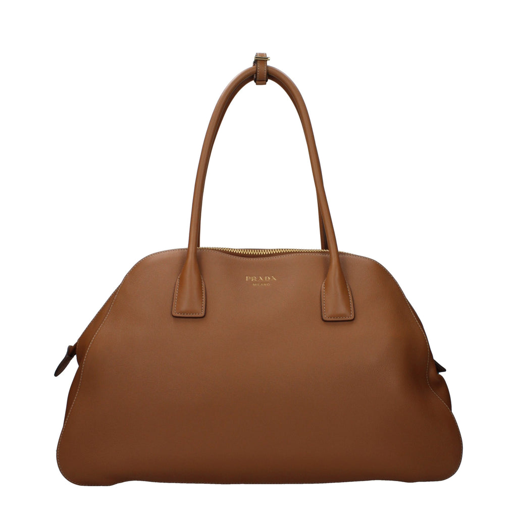 Prada brown leather shoulder bag with sleek design and adjustable strap, featuring subtle branding and smooth textured leather.