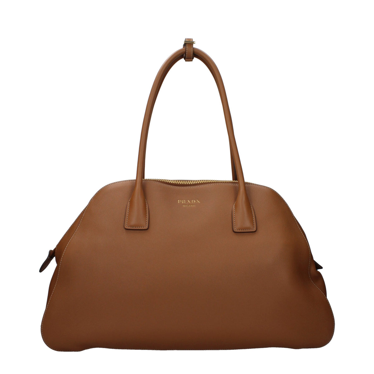 Prada brown leather shoulder bag with sleek design and adjustable strap, featuring subtle branding and smooth textured leather.