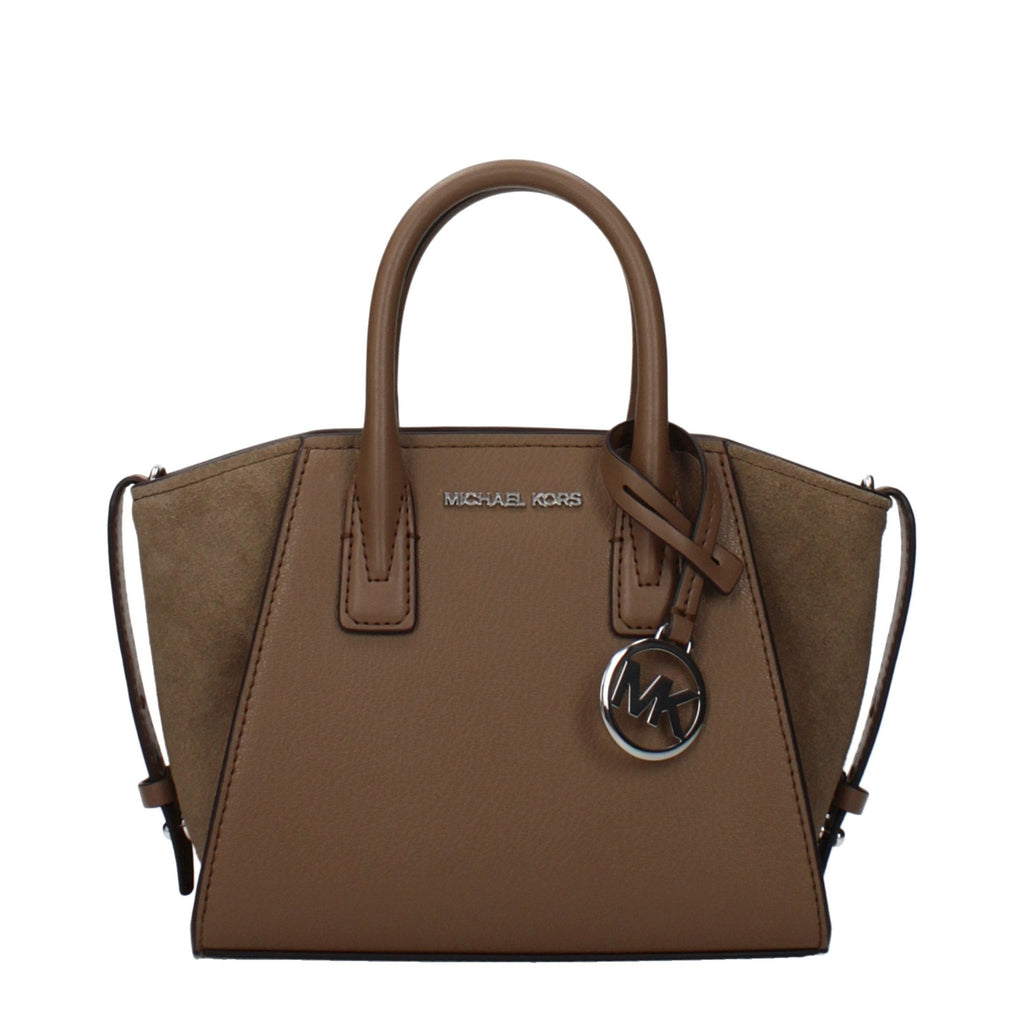 Michael Kors brown leather handbag with gold-tone hardware and structured design, showing detailed stitching and top handles.