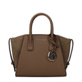 Michael Kors brown leather handbag with gold-tone hardware and structured design, showing detailed stitching and top handles.