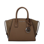 Michael Kors brown leather handbag with gold-tone hardware and structured design, showing detailed stitching and top handles.