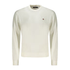 White cotton men's shirt by Napapijri, featuring a classic fit and button-down collar, displayed on a hanger.
