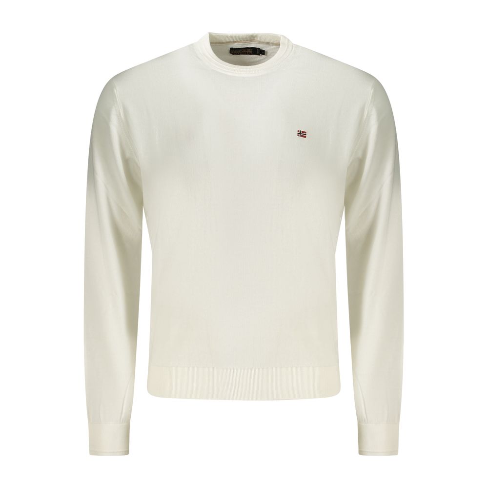 White cotton men's shirt by Napapijri, featuring a classic fit and button-down collar, displayed on a hanger.