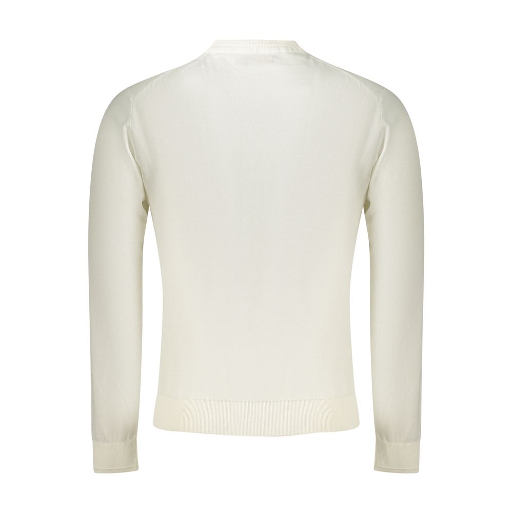 White cotton men's shirt by Napapijri, featuring a classic fit and button-down collar, displayed on a hanger.
