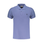 Timberland blue cotton men's polo shirt with a classic collar and short sleeves, displayed on a plain background.