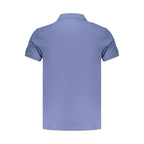 Timberland men's blue cotton polo shirt with a classic collar and short sleeves, displayed on a hanger.